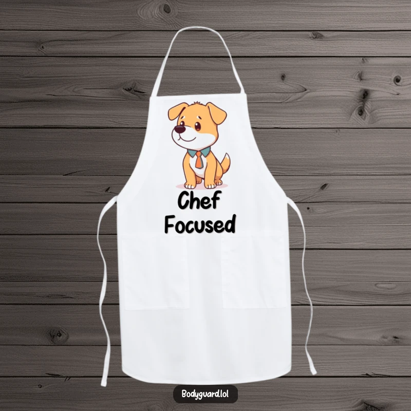 Funny Dog Tie Apron featuring a loyal dog in a tie, humorously standing alert and focused while protecting the wearer.