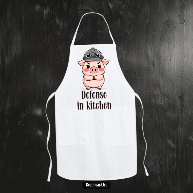 Funny Pig Guard Apron featuring a stern pig with a helmet and crossed arms, ready to protect from spills with humor.