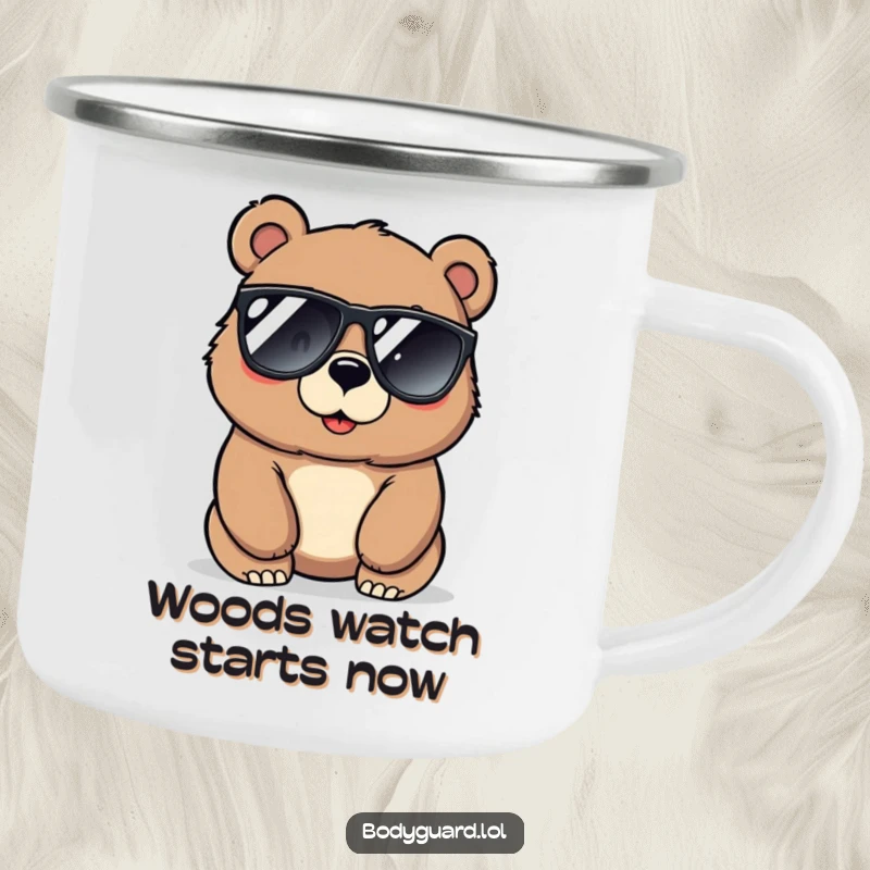 Funny bear camping mug featuring a large, protective bear in sunglasses, looking alertly around, perfect for outdoor enthusiasts.