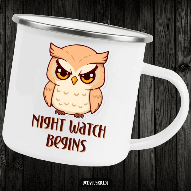Funny Owl Watcher Camping Mug with a serious-eyed owl humorously surveying the wild, built for outdoor contemplation.
