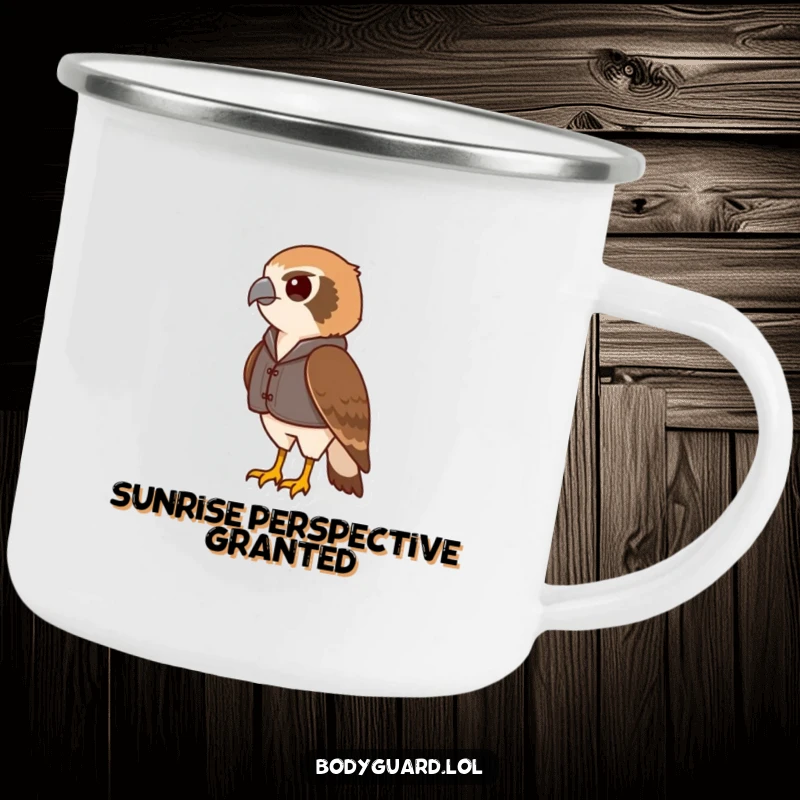 Funny hawk camping mug with a vigilant hawk wearing a small vest, scanning the horizon, perfect for outdoor enthusiasts.