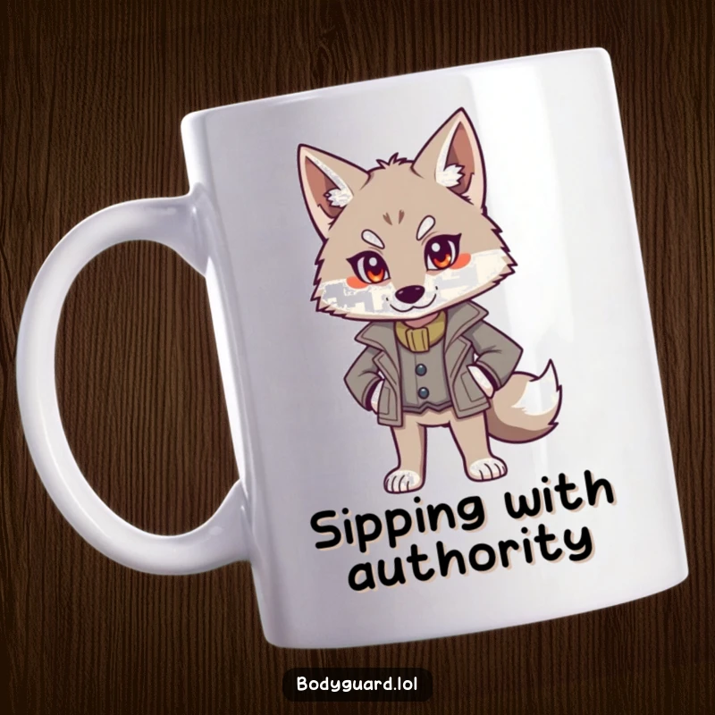 Funny mug featuring an alert wolf wearing a smart jacket, standing authoritatively with a confident and commanding expression.
