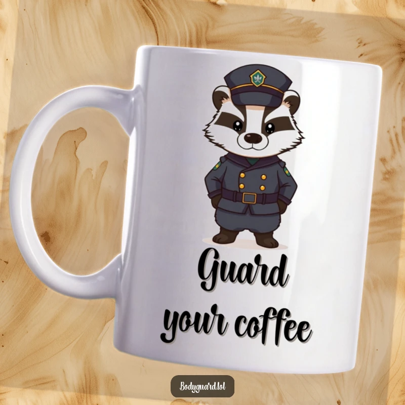 Funny Badger Mug: A stern badger in a dark uniform stands guard with a serious, unwavering expression.