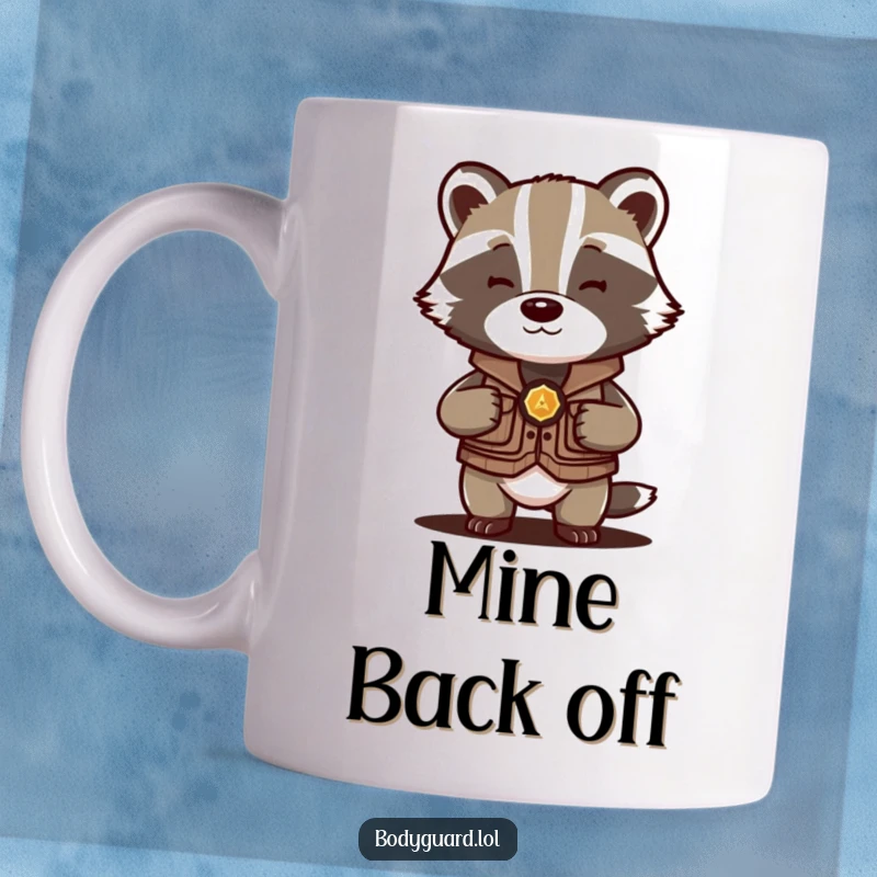 Funny Badger Protector Mug: A vigilant badger in a small vest shields a precious object with humorous determination.