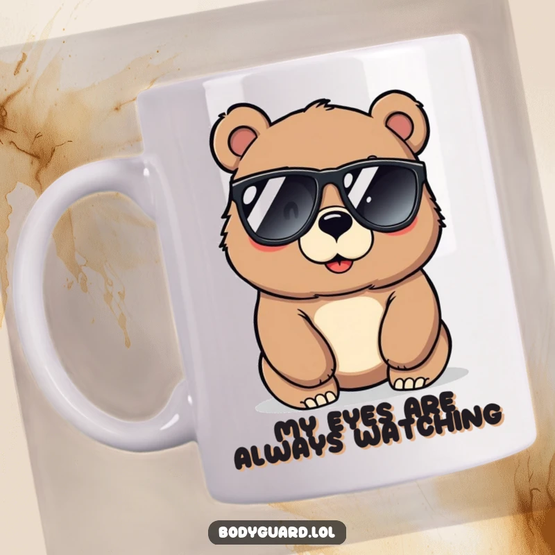Funny bear mug with a large, protective bear wearing sunglasses, looking alertly around with a cool and vigilant demeanor.
