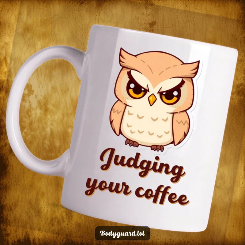 Funny Owl Watcher Mug featuring a wise owl with serious eyes, humorously surveying its surroundings with keen observation.