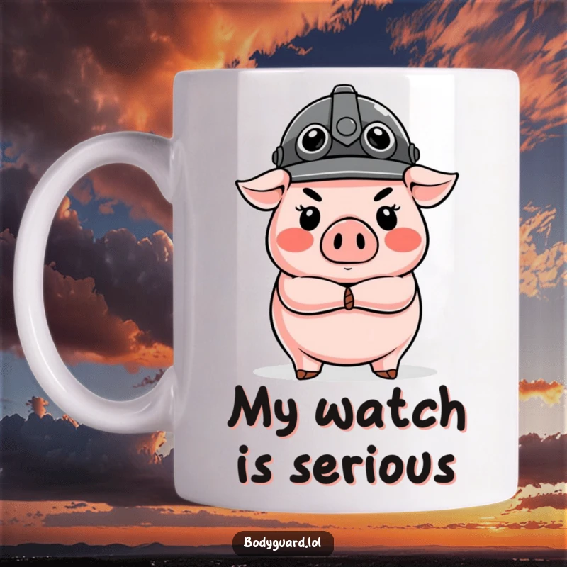 Funny Pig Guard Mug featuring a stern, round pig with a tiny helmet and crossed arms, standing guard protectively.