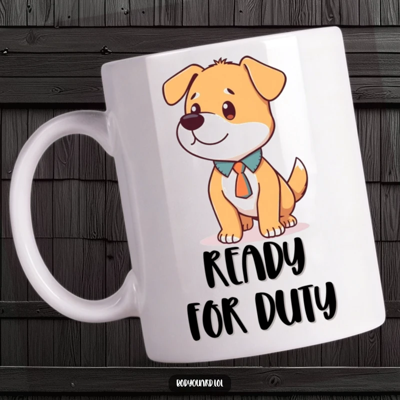 Funny Dog Tie Mug showing a loyal dog character wearing a small tie, standing alert and focused with dedication.