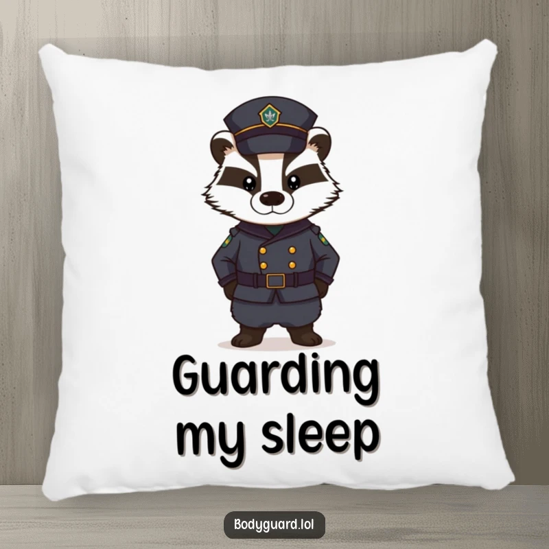 Funny Badger Pillow: A stern badger in a dark uniform stands guard with a serious expression, offering a soft and humorous decorative piece.
