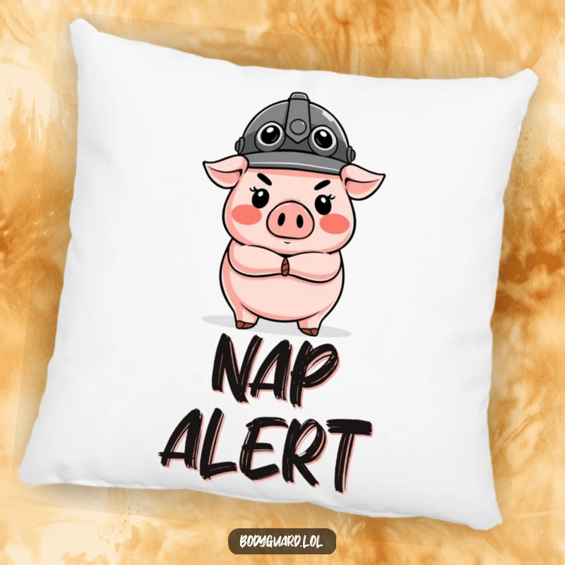 Funny Pig Guard Pillow with a stern pig in a tiny helmet, crossed arms, offering humorous decorative comfort.