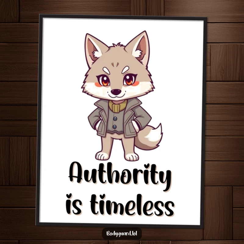 Funny wolf digital art print of an alert wolf in a smart jacket, standing authoritatively with an iconic, powerful stance.