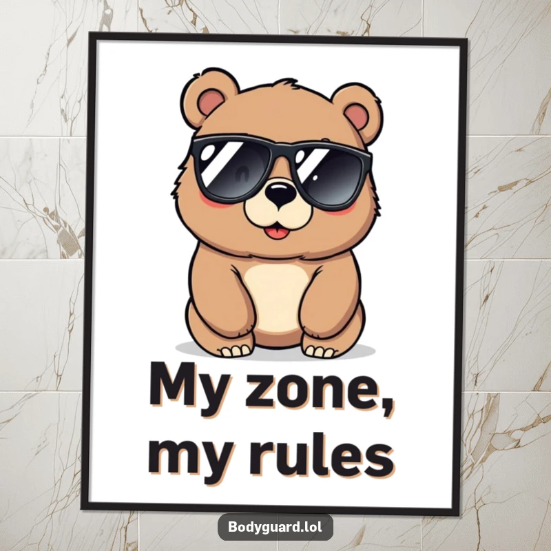 Funny bear digital art print of a large, protective bear in sunglasses, looking alertly around with an iconic, cool stance.