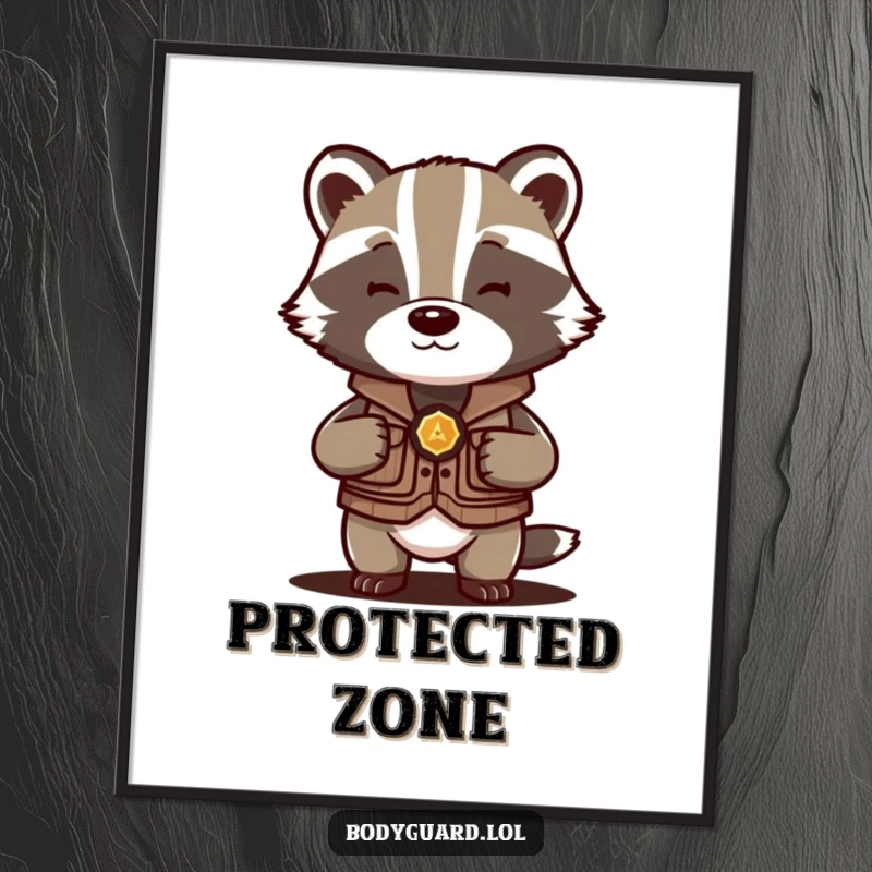 Funny Badger Protector Digital Art Print of a badger in a vest, humorously shielding a precious object with watchful eyes.
