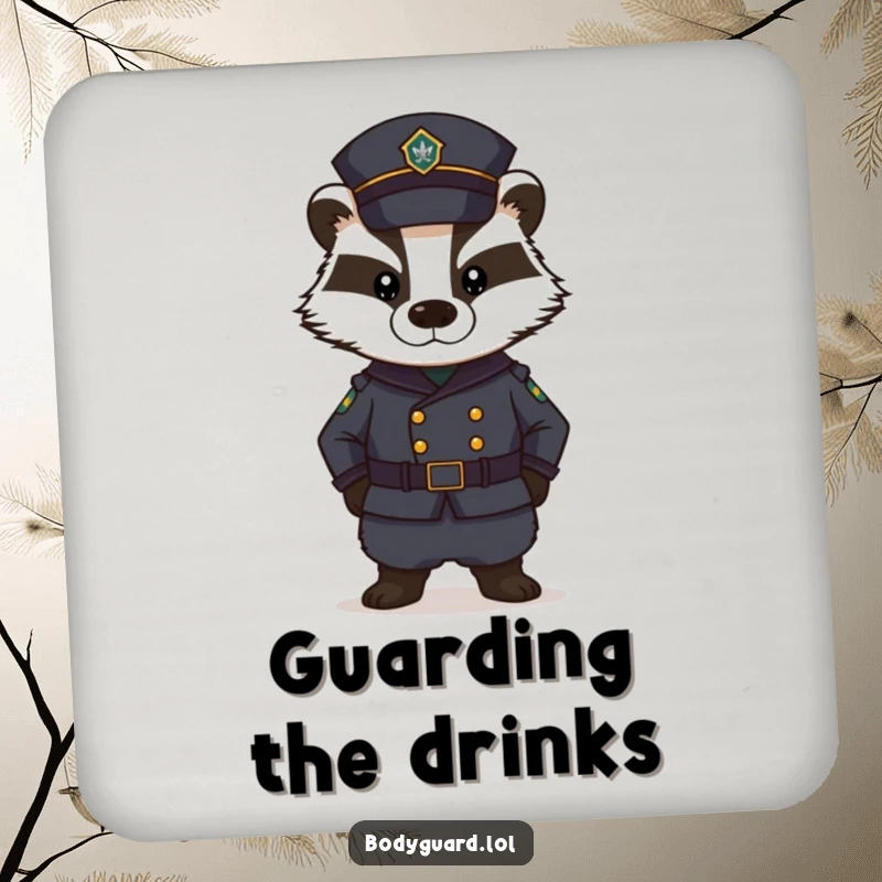 Funny Badger Coaster: A stern badger in a dark uniform stands guard with a serious expression, adding a humorous and protective touch to your furniture.