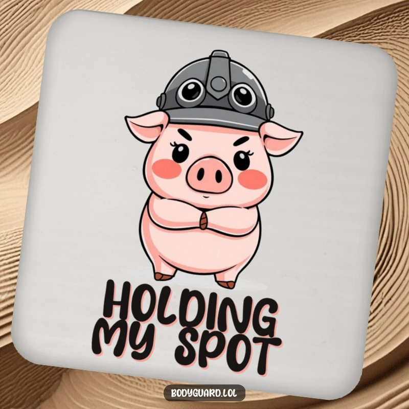 Funny Pig Guard Coasters featuring a stern pig in a helmet, arms crossed, providing humorous surface protection.