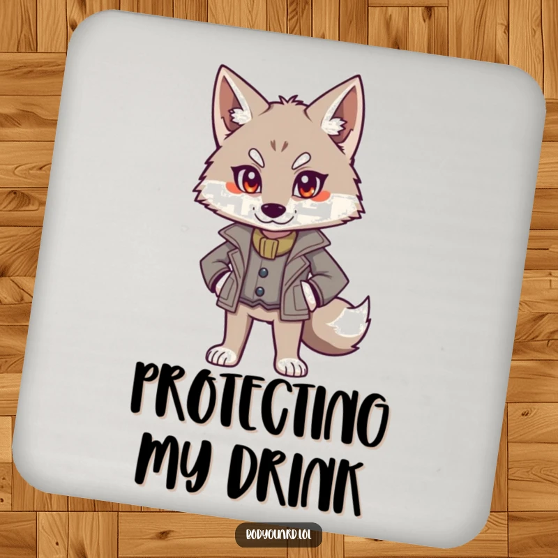 Funny wolf coaster featuring an alert wolf in a smart jacket, standing authoritatively, offering surface protection with style.