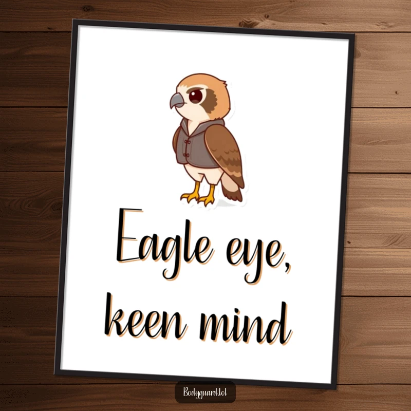 Funny hawk poster with a vigilant hawk in a small vest, scanning the horizon with an intense, focused and sharp gaze.