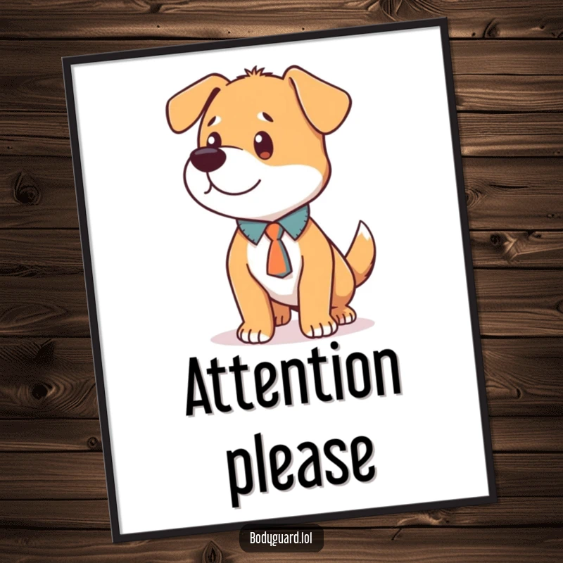 Funny Dog Tie Poster showing a loyal dog with a tie, standing alert and focused, a piece of witty wall art.