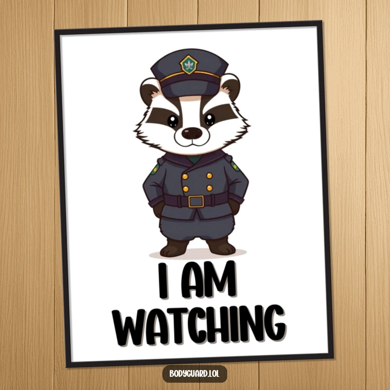 Funny Badger Poster: A stern badger in a dark uniform stands guard with a serious, focused expression, exuding authority and humor.