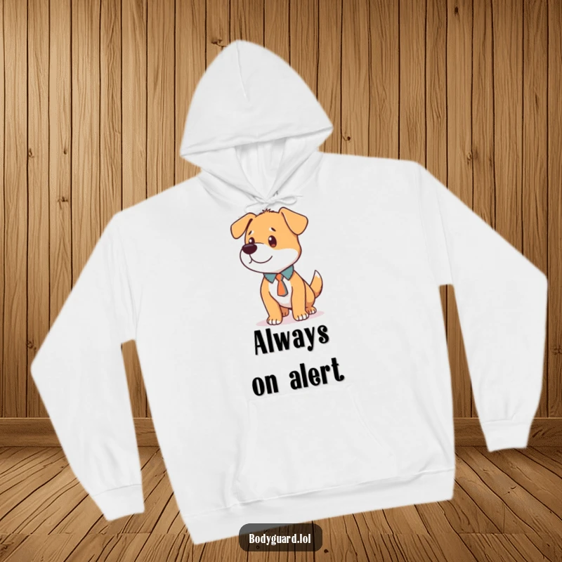Funny Dog Tie Hoodie showcasing a loyal dog in a tie, humorously standing alert and focused, offering cozy style.