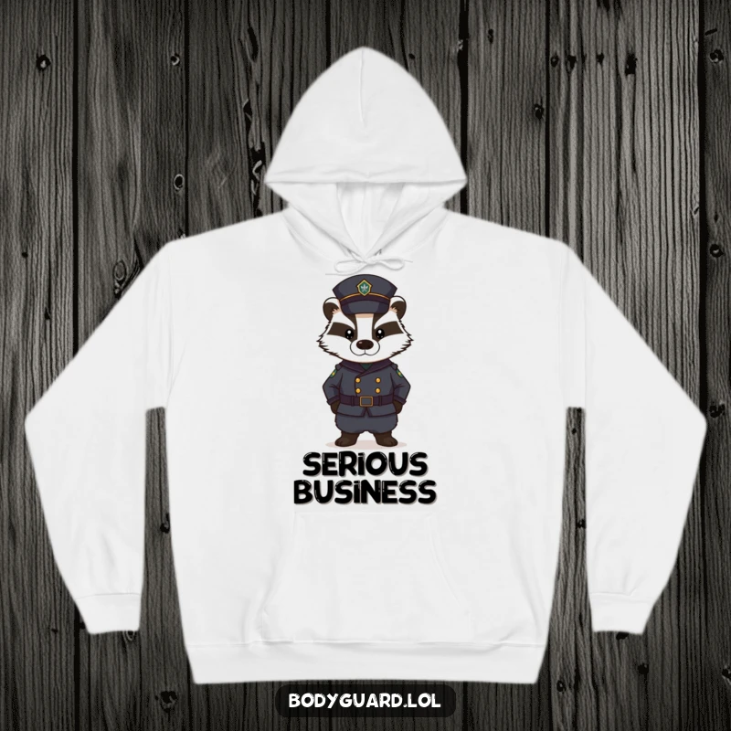 Funny Badger Hoodie: A stern badger in a dark uniform stands guard with a serious expression, offering warmth and a sense of protection.