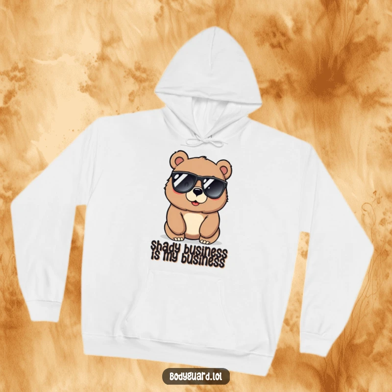 Funny bear hoodie depicting a large, protective bear in sunglasses, scanning the surroundings with an alert and cool attitude.