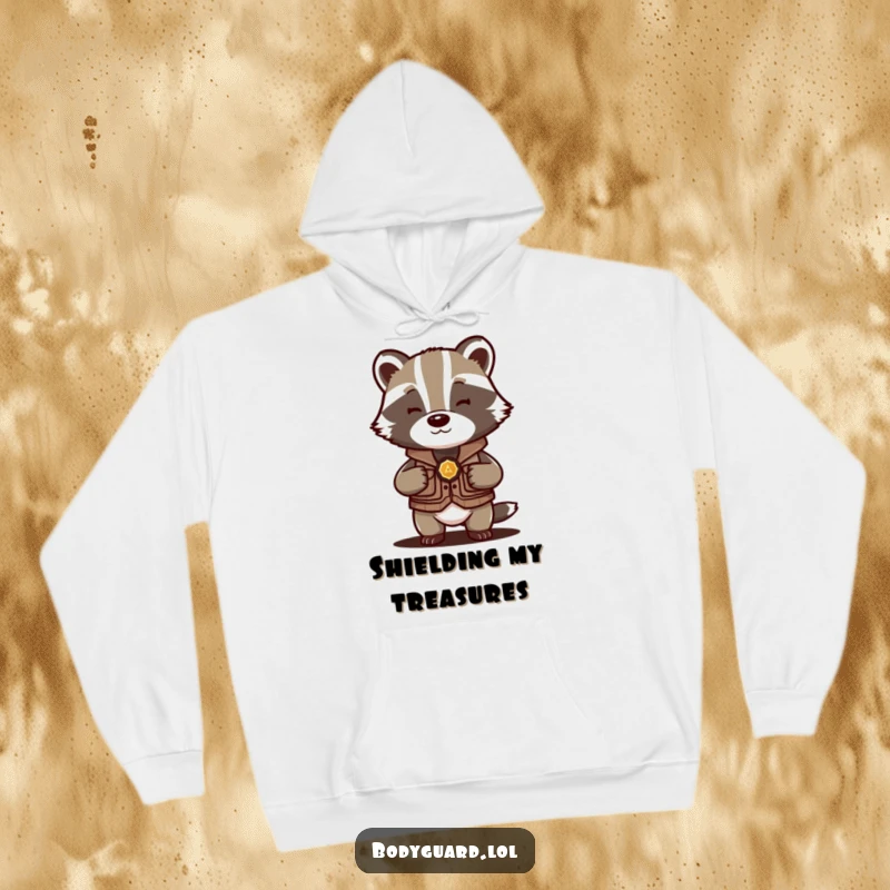 Funny Badger Protector Hoodie featuring a badger in a vest, humorously shielding something precious, offering warmth and laughs.