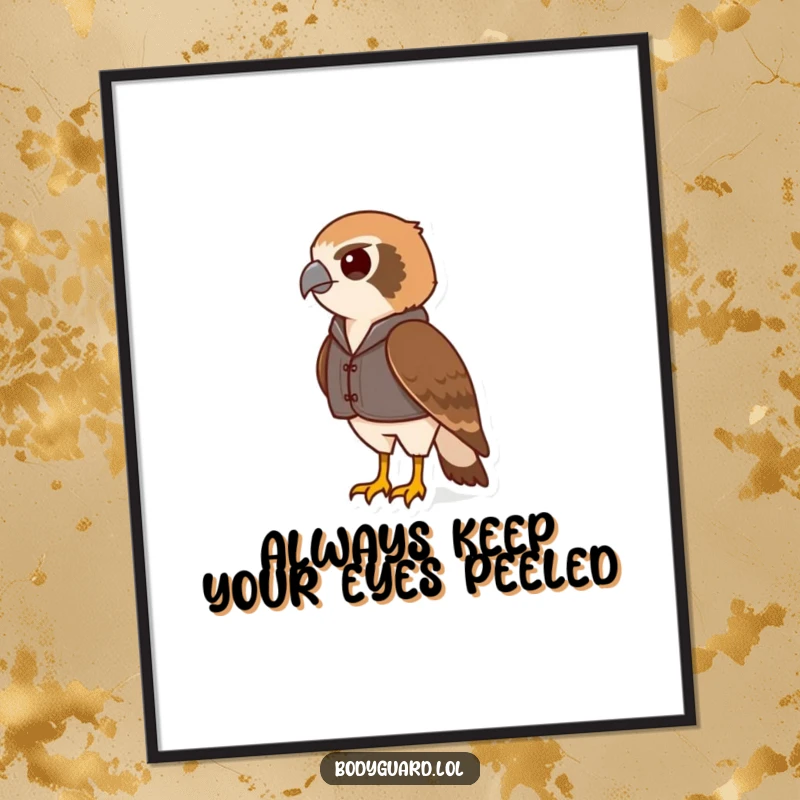 Funny free printable wall art of a vigilant hawk in a small vest, scanning the horizon, adding a humorous touch.