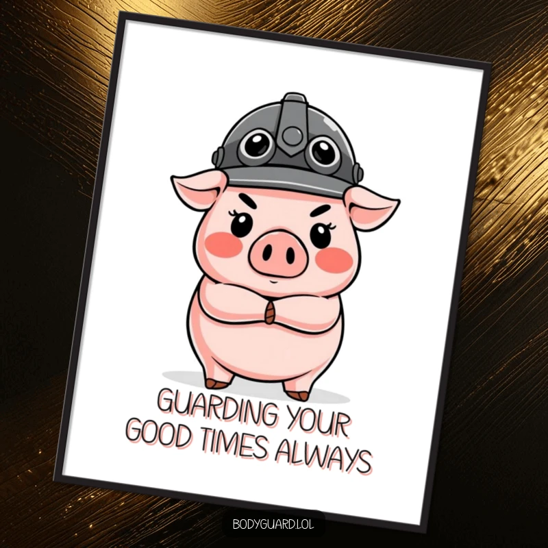Funny Free Printable Wall Art: Stern pig wearing a tiny helmet stands guard with crossed arms, looking amusing.