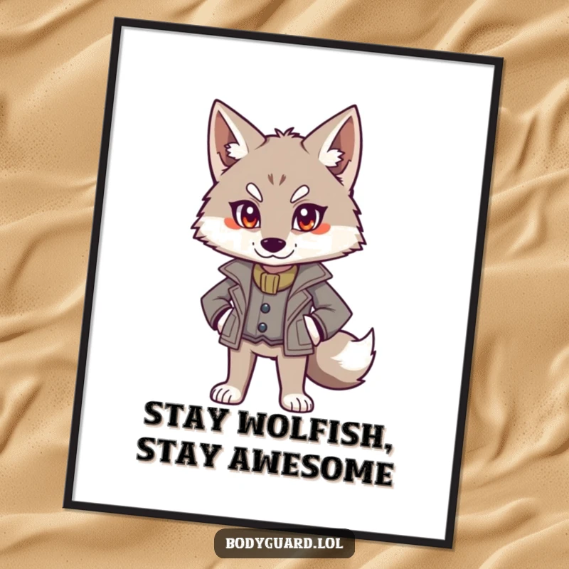 Funny free printable wall art of an alert wolf in a smart jacket, standing authoritatively, adding a dash of class.