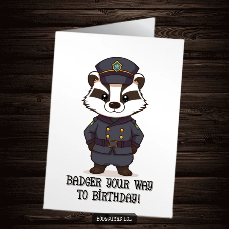 Funny Free Printable Birthday Card: A stern badger in a dark uniform standing guard with an unamused, serious expression.