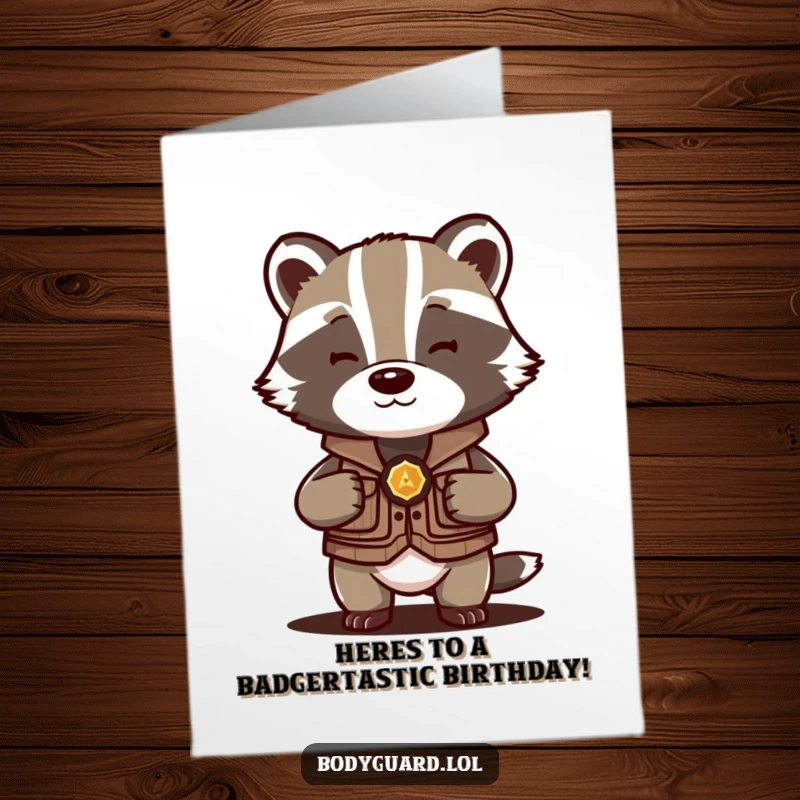 Funny Free Printable Birthday Card: Protective badger in small vest shields a precious object, celebrating their day.