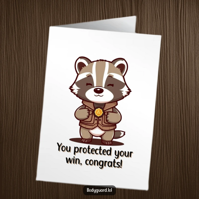 Funny Free Printable Congratulations Card: Protective badger in small vest shields a precious object, celebrating your win.