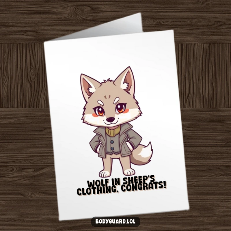 Funny free printable congratulations card showing an alert wolf in a smart jacket, standing authoritatively to celebrate your win.