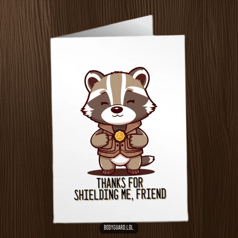 Funny Free Printable Thank You Card: Protective badger in small vest shields a precious object, showing thanks.