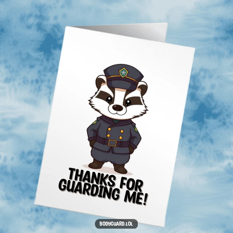 Funny Free Printable Thank You Card: A stern badger in uniform, standing guard with a serious and watchful expression.