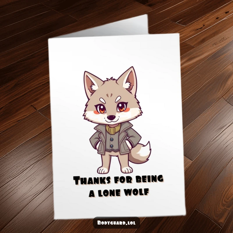 Funny free printable thank you card featuring an alert wolf in a smart jacket, standing authoritatively to express thanks.