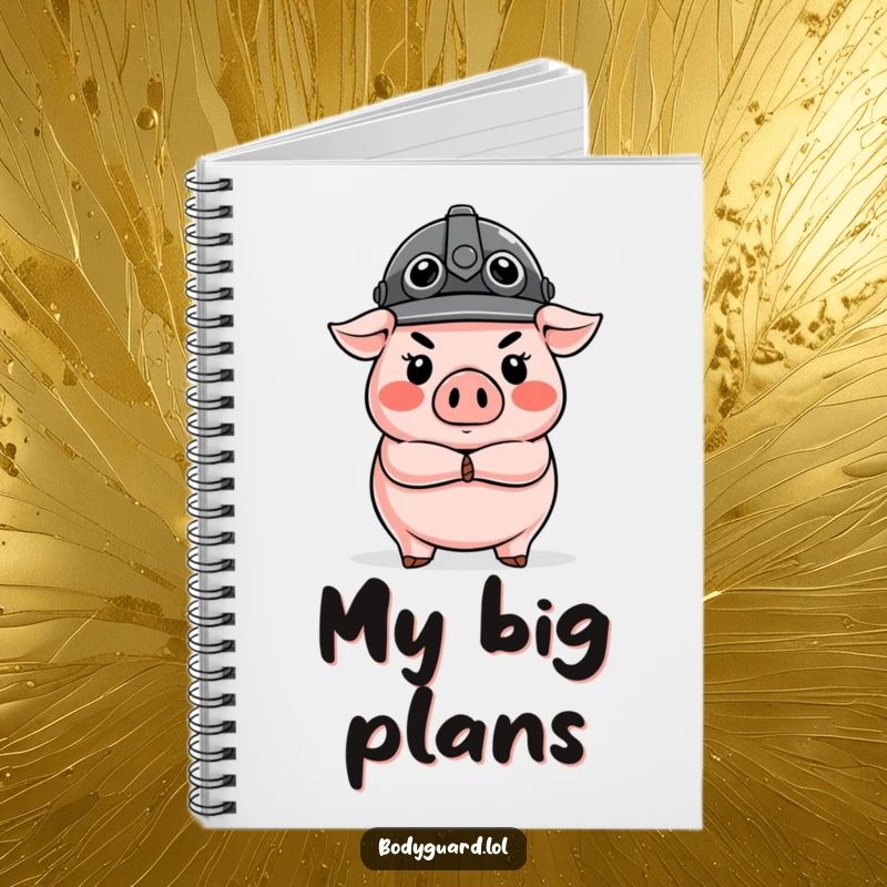 Funny Pig Guard Notebook with a stern pig in a helmet, arms crossed, guarding your notes with humorous dedication.