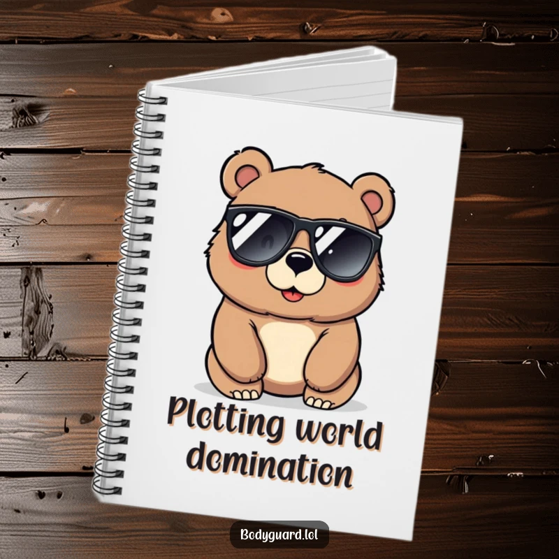 Funny bear notebook featuring a large, protective bear wearing sunglasses, looking alertly around, ready to jot down important ideas.