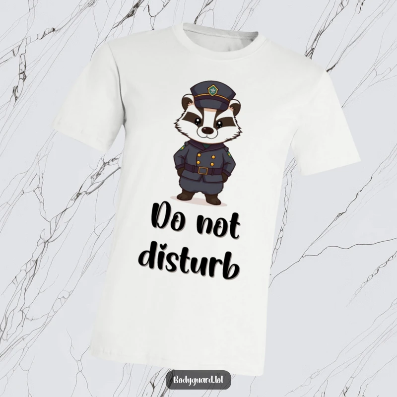 Funny Badger T-Shirt: A stern badger dressed in a dark uniform stands guard with a serious, imposing look on its face.