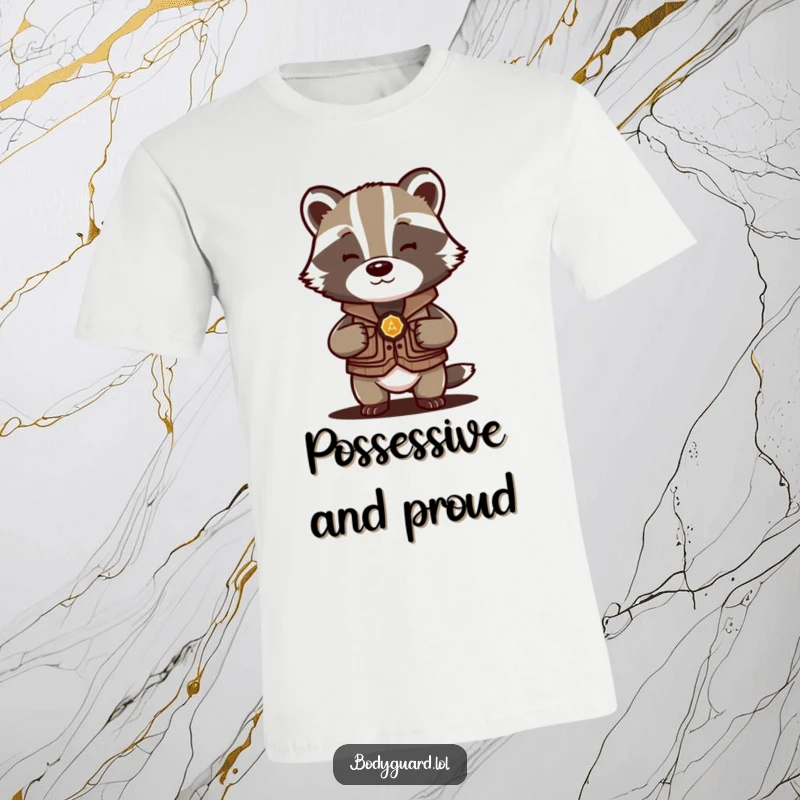 Funny Badger Vest T-Shirt showcasing a protective badger in a small vest, humorously shielding a valuable item.