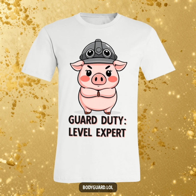 Funny Pig Guard T-Shirt showing a stern pig wearing a helmet and crossed arms, embodying protective humor and authority.