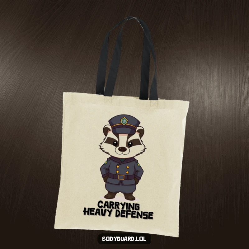 Funny Badger Tote Bag: A stern badger in a dark uniform stands guard with a serious expression, making this bag a practical and humorous accessory.