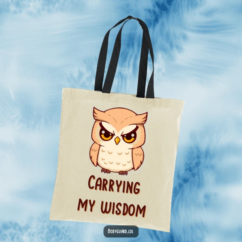Funny Owl Survey Tote Bag featuring a watchful owl with serious eyes, humorously keeping an eye on your essentials.