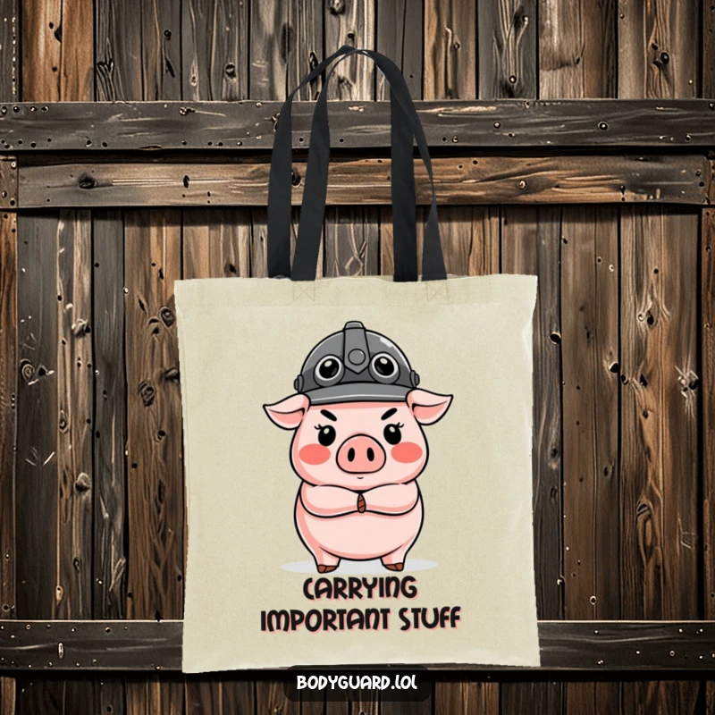 Funny Pig Guard Tote Bag with a stern pig in a helmet, arms crossed, ready for duty and carrying humor.
