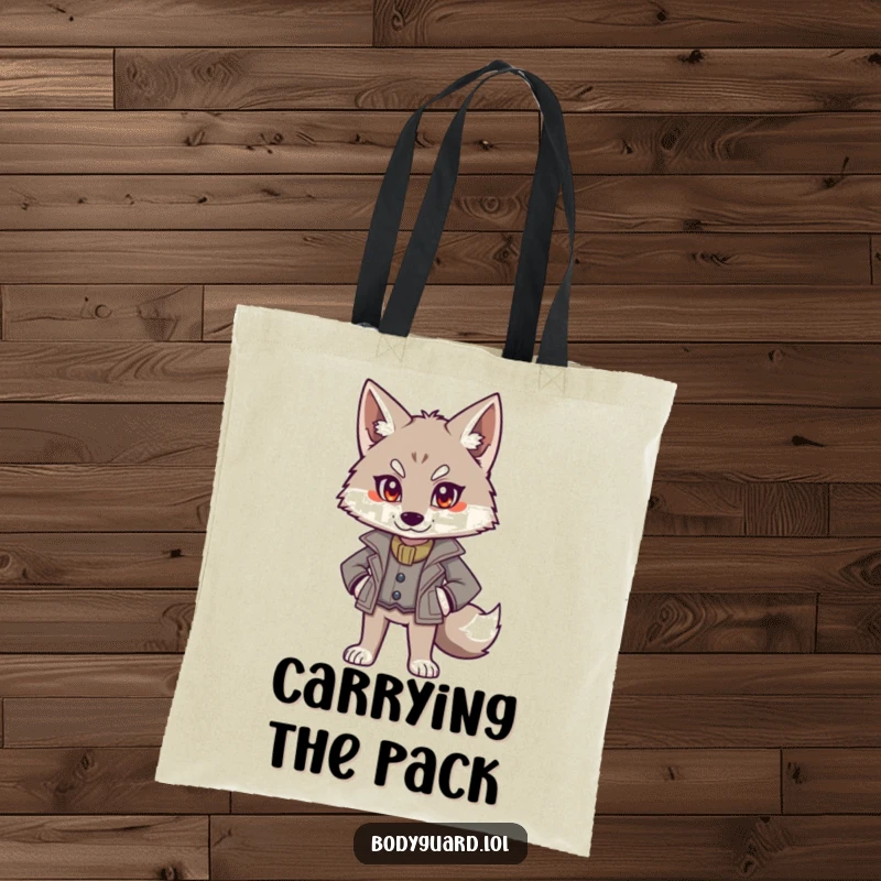 Funny tote bag featuring an alert wolf wearing a smart jacket, standing authoritatively with a confident and commanding presence.